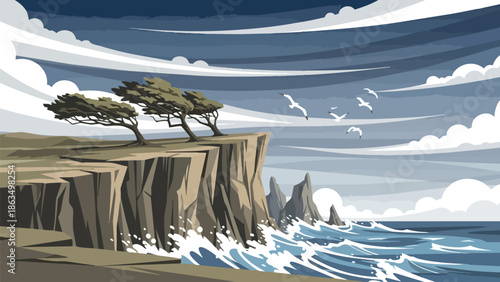 Dramatic coastal cliffs with windswept trees, crashing ocean waves, and soaring seagulls beneath a dynamic cloudy sky capturing the raw power of