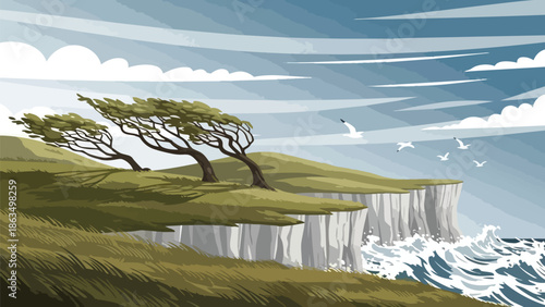 Windswept Coastal Landscape Illustration with Resilient Leaning Trees, Majestic White Cliffs, and a Crashing Ocean Scene Under a Dynamic Sky