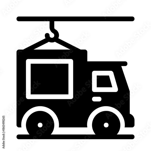Truck lifted by an overhead crane, suitable for construction, transportation, heavy lifting, industrial themes, and logistics designs.
