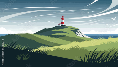 A striking minimalist illustration showcases a resilient lighthouse atop a verdant coastal hill overlooking a serene ocean, with stylized clouds and