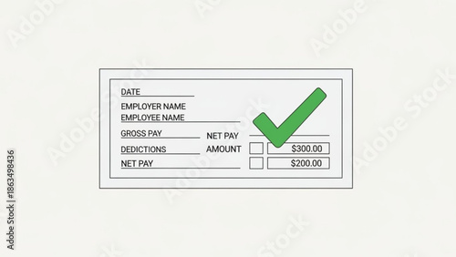 Pay stub template with gross pay, net pay, and deductions, green checkmark approval, financial document illustration, simple design, white background with money