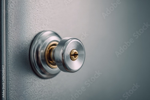 Close-up of a door handle on a gray metal door