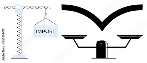 International trade, import-export, economic balance, global economy, supply chain, commerce. Crane lifting import container beside a balance scale. International trade and import-export