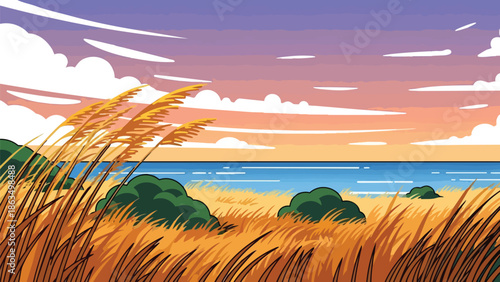 Coastal landscape vector art illustration with vibrant sunset hues and tall swaying beach grass overlooking the serene ocean water reflecting