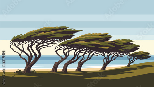 Coastal trees resiliently shaped by relentless ocean winds, presenting a powerful natural panorama against a serene, sun-drenched backdrop,