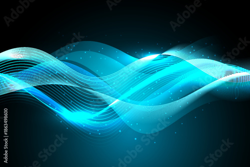 Glowing Cyan Blue Abstract Wave Background with Light Particles and Magic Sparkles for Digital Design.