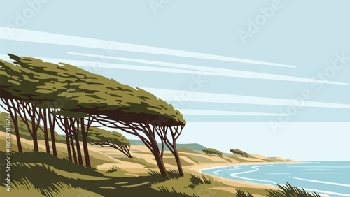 Idyllic coastal landscape featuring resilient wind-sculpted trees beside a tranquil ocean