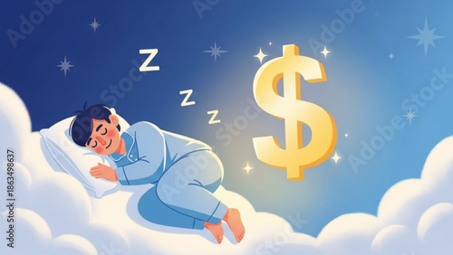 Man sleeping peacefully on clouds with dollar sign nearby, serene dreamy atmosphere, financial success and restful sleep concept, cartoon illustration with calm