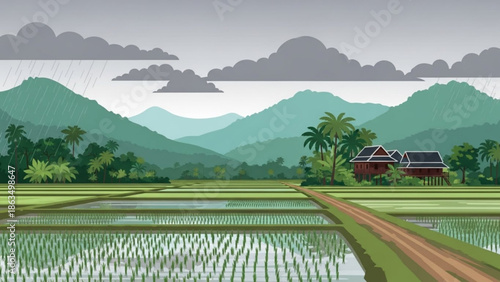 Serene rural landscape with rice fields and traditional house surrounded by mountains and palm trees under a cloudy sky with agriculture and countryside