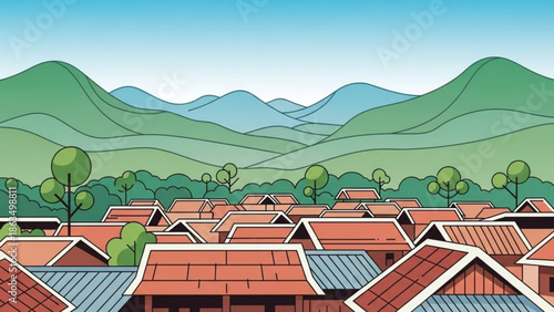 Village with red roofs and green mountains in the background, serene landscape illustration, rural scenery with houses and trees with scenic and cartoon