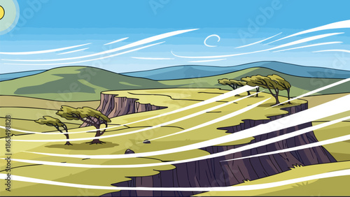 Vibrant animated savanna landscape under a clear blue sky, showcasing flat-topped mesas, wind-blown trees, and distant rolling hills. Digital