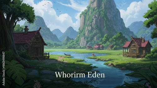 Serene asian village landscape with traditional houses and river flowing through lush green mountains and valley scenery with peaceful and nature with scenic