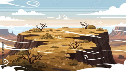 Stylized desert plateau panorama featuring dynamic wind patterns over dry vegetation and distant canyons