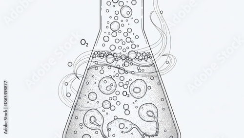 A detailed illustration of a conical flask with bubbling liquid and oxygen gas rising, laboratory glassware for chemical reactions and experiments with bubbles