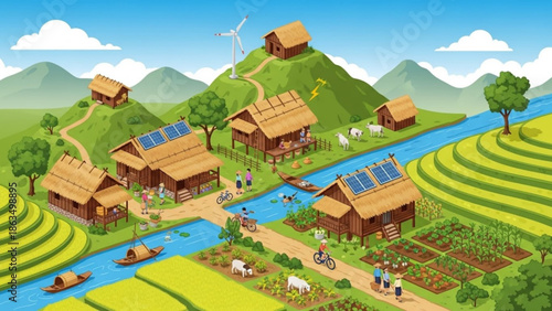 Sustainable eco friendly village with solar panels and wind turbines in a green mountainous landscape with terraced fields and a river with sustainable