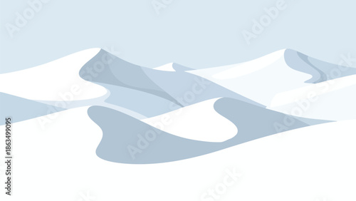 Expansive minimalist winter landscape featuring abstract, rolling snow-covered dunes under a muted blue sky, conveying serene arctic tranquility and