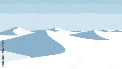 Minimalist flat design vector landscape of pristine snow dunes under a clear winter sky