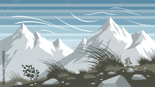 A minimalist vector landscape depicting majestic snow-dusted peaks under a windswept striped sky with sparse foreground vegetation and rugged