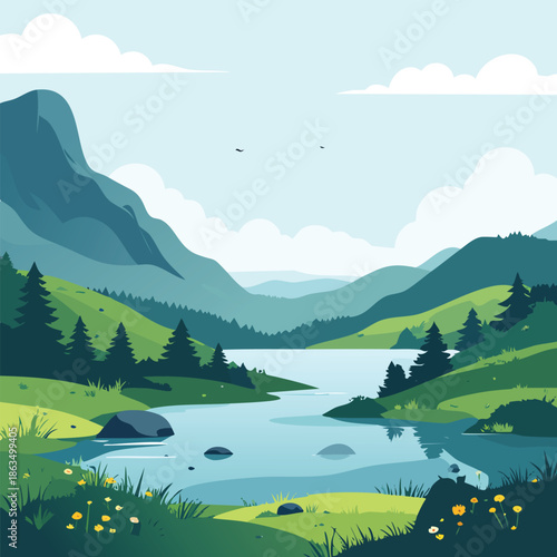 Scenic summer panorama of a green mountain valley in the Norwegian Alps featuring a reflective lake and snowy peaks under a cloudy sky