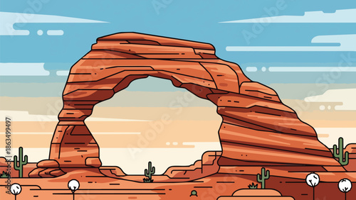 Cartoon illustration of a grand sandstone arch in a vibrant desert landscape under a clear blue sky