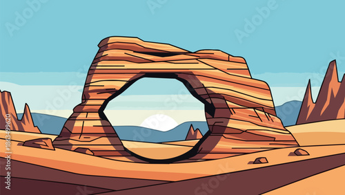 Vector desert landscape featuring a majestic natural rock arch under a serene blue sky at sunrise or sunset showcasing geological beauty and arid