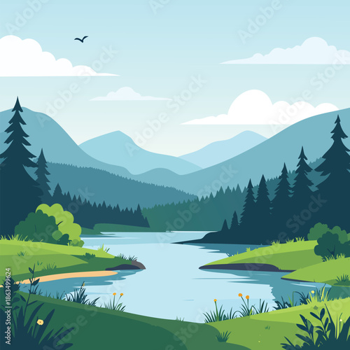 A scenic summer landscape of the green alpine wilderness featuring a snow peaked mountain reflecting in the calm lake water under a cloudy sky