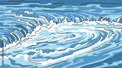 Dynamic illustration of powerful blue waves and white foamy currents. This stylized aquatic scene conveys fluid motion and the energetic flow of