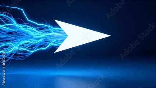 Abstract white arrow with blue energy trails on dark background