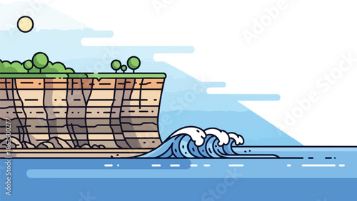Stylized illustration of ocean waves crashing against a majestic layered cliff under a clear sky