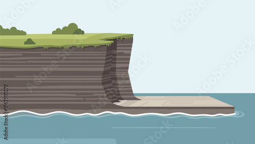 Flat graphic illustration of a tranquil coastal cliff ecosystem, featuring stacked earth layers, verdant green grass and bushes, and calm blue ocean