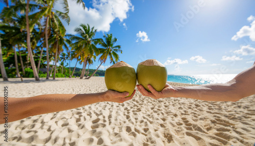 Close-up of Hands Holding a Fresh Coconut with a Straw on a Sunny Tropical Beach.Summer Vacation Concept