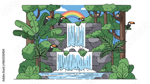 Vibrant tropical jungle landscape with multi-tiered waterfall, exotic birds, playful monkeys, and a rainbow