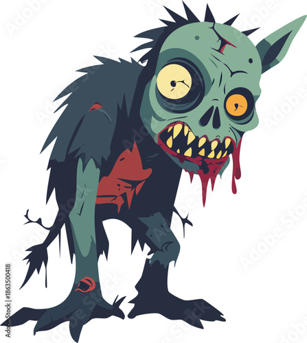 A funny cartoon zombie werewolf mascot vector illustration featuring a wild predator beast head with sharp teeth isolated on white
