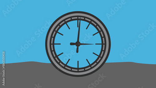 A simple illustration depicts a classic analog clock showing approximately ten o clock set against a gradient blue and gray background