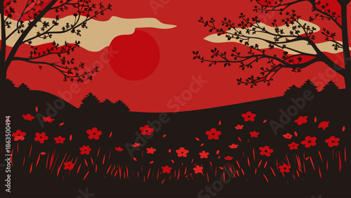 A striking silhouette of blossoming trees and a vibrant floral foreground under a bold red sunset creates a dramatic landscape