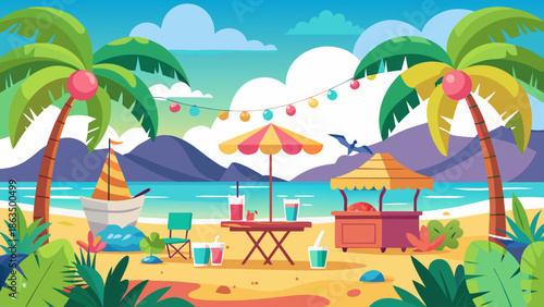 A vibrant tropical beach scene displays palm trees a small boat a beach bar and colorful decorations for a relaxing vacation getaway
