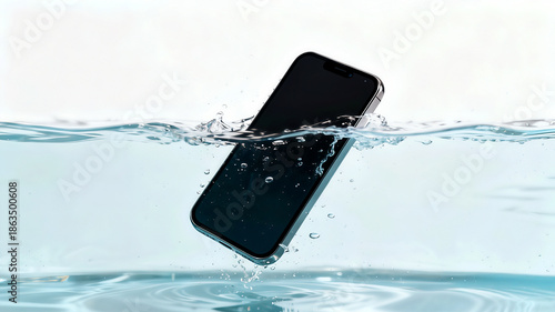 Smartphone falling into clear water with splashes on white background.