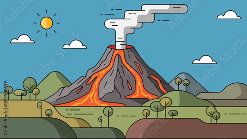Vibrant illustration of a powerful volcano eruption. Molten lava flows down slopes, ash cloud rises. Green hills and sun frame this dynamic scene,