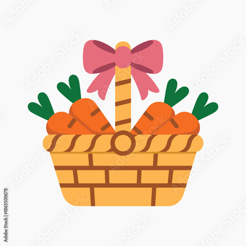 Cartoon of carrots in a wicker basket with a pink bow orange carrots green tops vector illustration isolated on white background