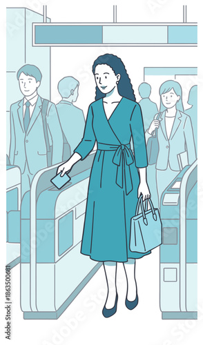  改札を通過する通勤前の女性のイラスト_日常・外出シーン