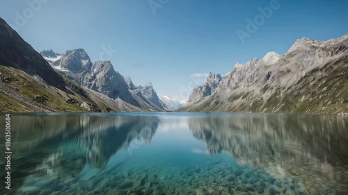 Wallpaper Mural Serene Mountain Lake Reflection on a Clear Day with Rocky Shores and Lush Greenery. Torontodigital.ca