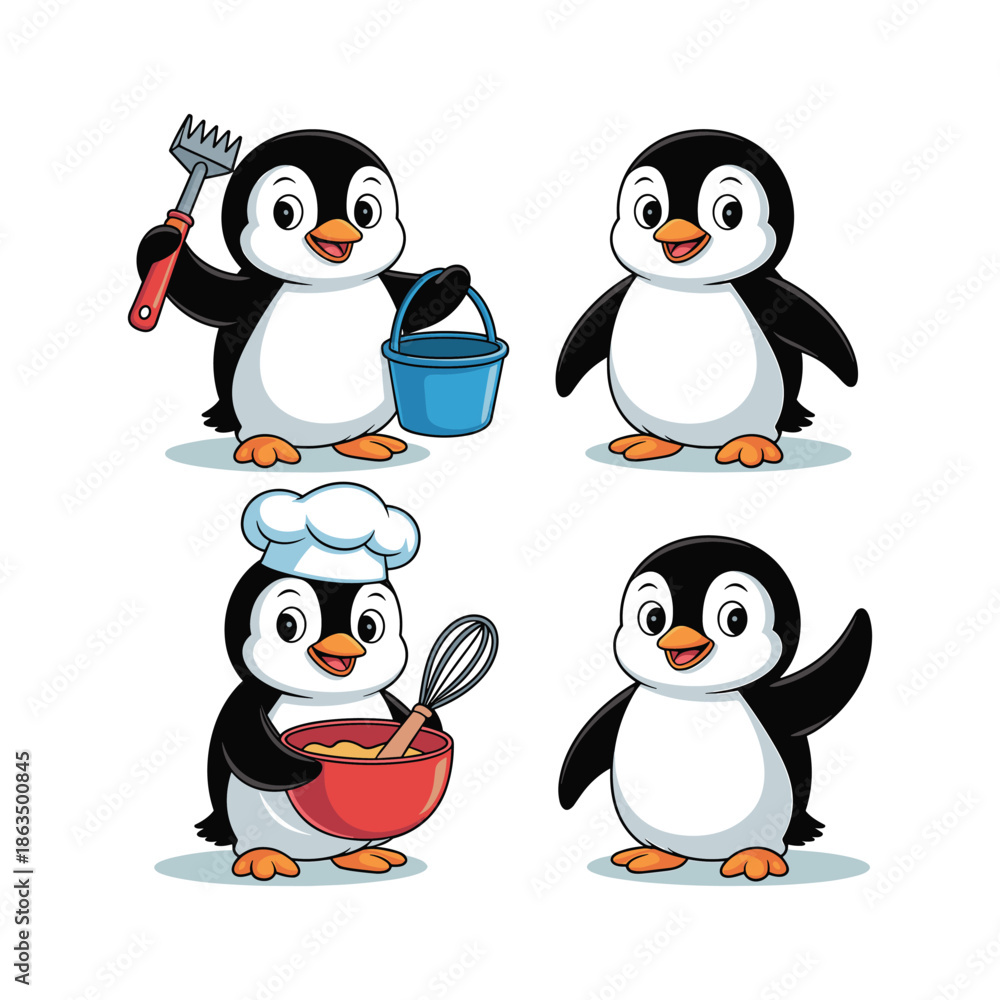 Fototapeta premium Cartoon penguins in various poses with kitchen utensils and chef hat cooking vector illustration isolated on white background.