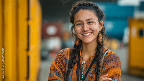 <Smiling Young Brunette Woman with Braids in Casual Urban Hipster Outfit and Ethnic Jewelry - Vibrant Colors and Confident Portrait in Industrial Background>