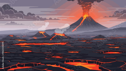 A dramatic illustration showcasing an active volcanic eruption with molten lava rivers flowing across a rugged, dark landscape under a smoke-filled