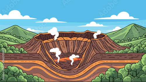 Vibrant cartoon illustration of a volcanic caldera cross-section revealing active geothermal vents and flowing lava beneath verdant hills and a