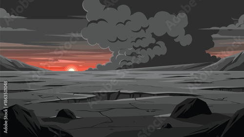 Dramatic pixel art landscape showing a fiery sunset against a backdrop of dark, ominous clouds above a deeply cracked, barren wasteland with distant