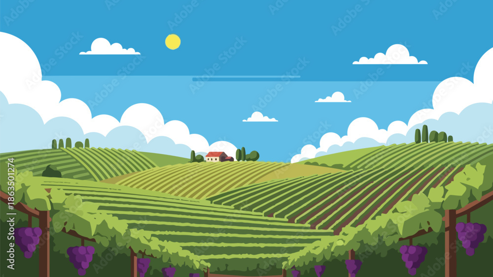 Fototapeta premium Scenic flat design vineyard vista with ripe grapes, rolling hills, and distant farmhouse