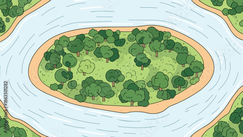 An animated overhead view of a lush island covered in various trees, embraced by a gentle river, symbolizing a serene and secluded natural escape