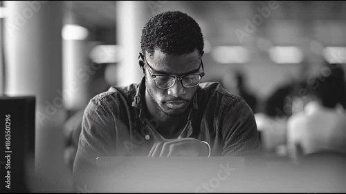 Focused Young Man Studying with Laptop in Modern Interior
