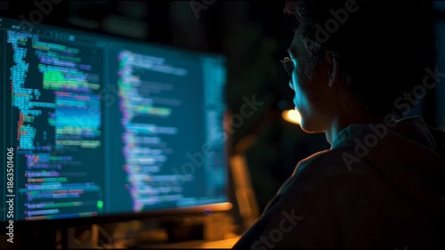 Focused Programmer Working Late on Code at Night